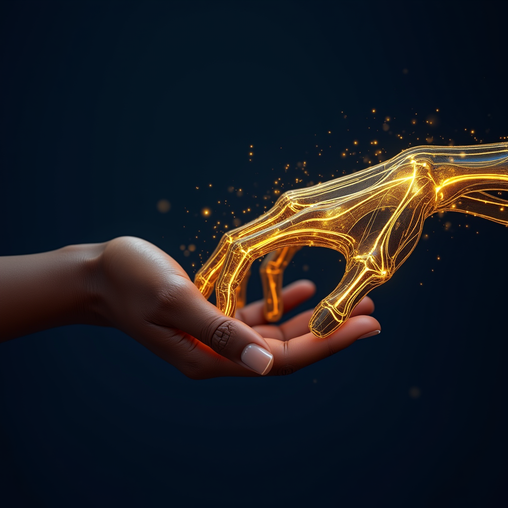 A human hand held palm up, with a skeletal hand of golden light reaching down to meet it, fingertips almost touching.