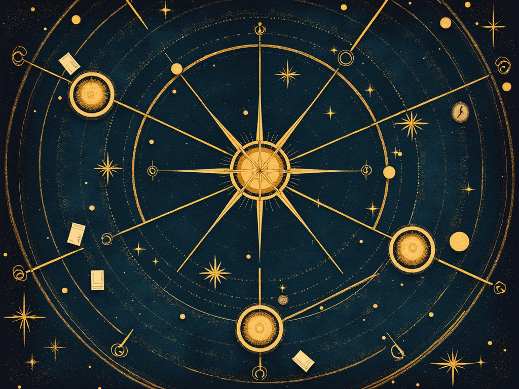 A constellation map with golden compass rose and research agents connected by meridian lines